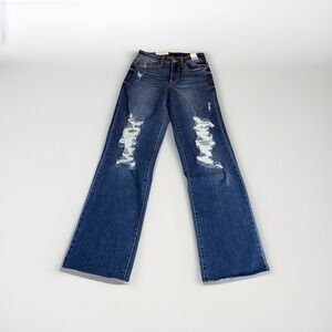 Judy Blue Mid Rise Dad Jean Womens 24 Med Wash Distressed Stretch Raw Hem NWT